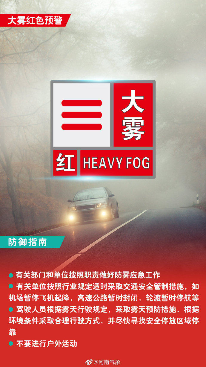 能见度小于50米！河南省气象台发布大雾红色预警