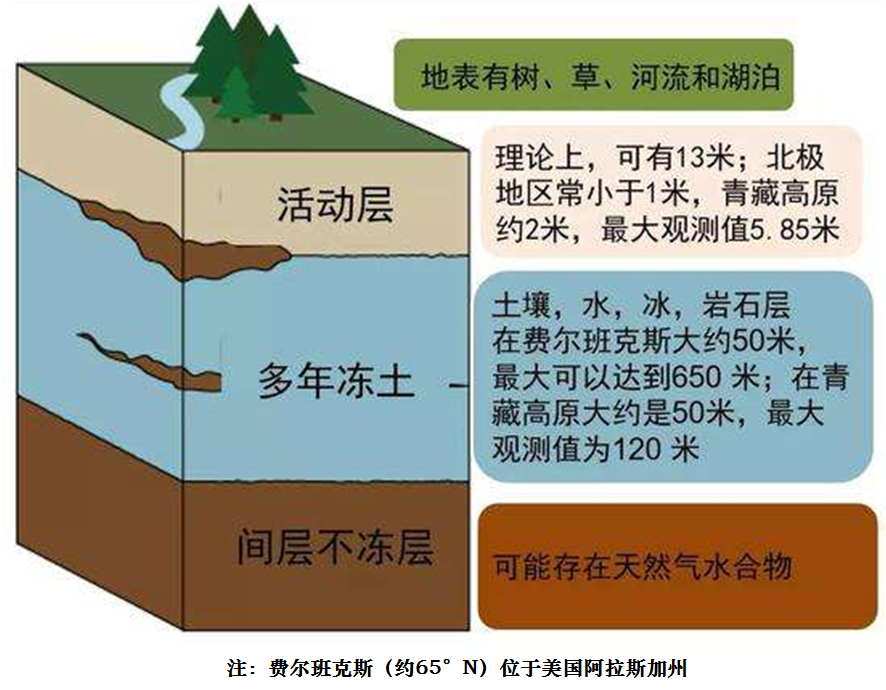 图1   多年冻土垂直结构示意图 (活动层夏季融化,冬季冻结)